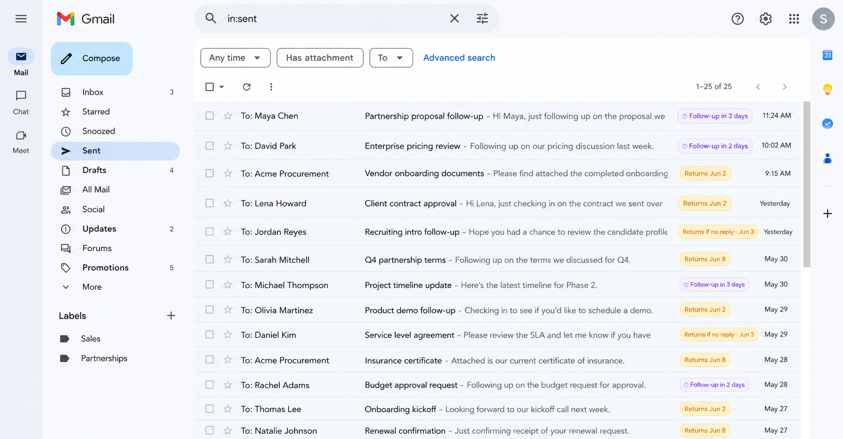 Followly badges visible in Gmail inbox — Follow-up now, Follow-up in 1 day, Sends Thu 9:00, Return to inbox
