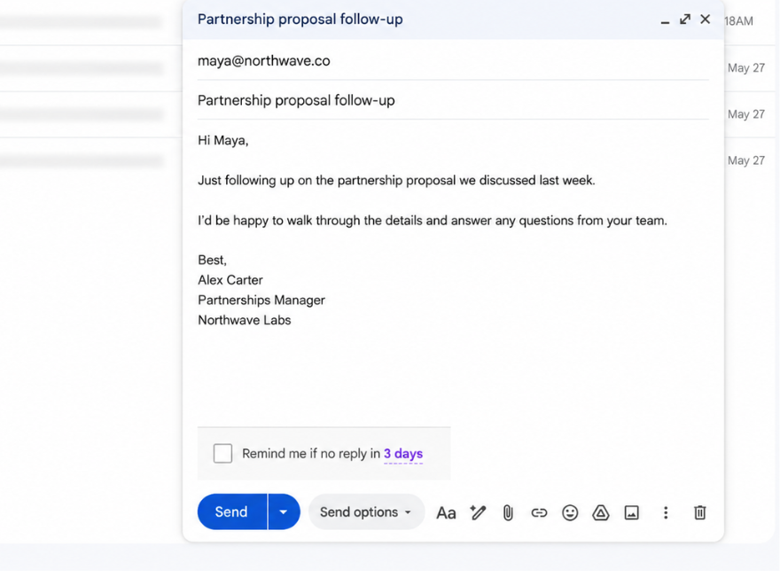Gmail composer with Followly follow-up checkbox — tracking off by default