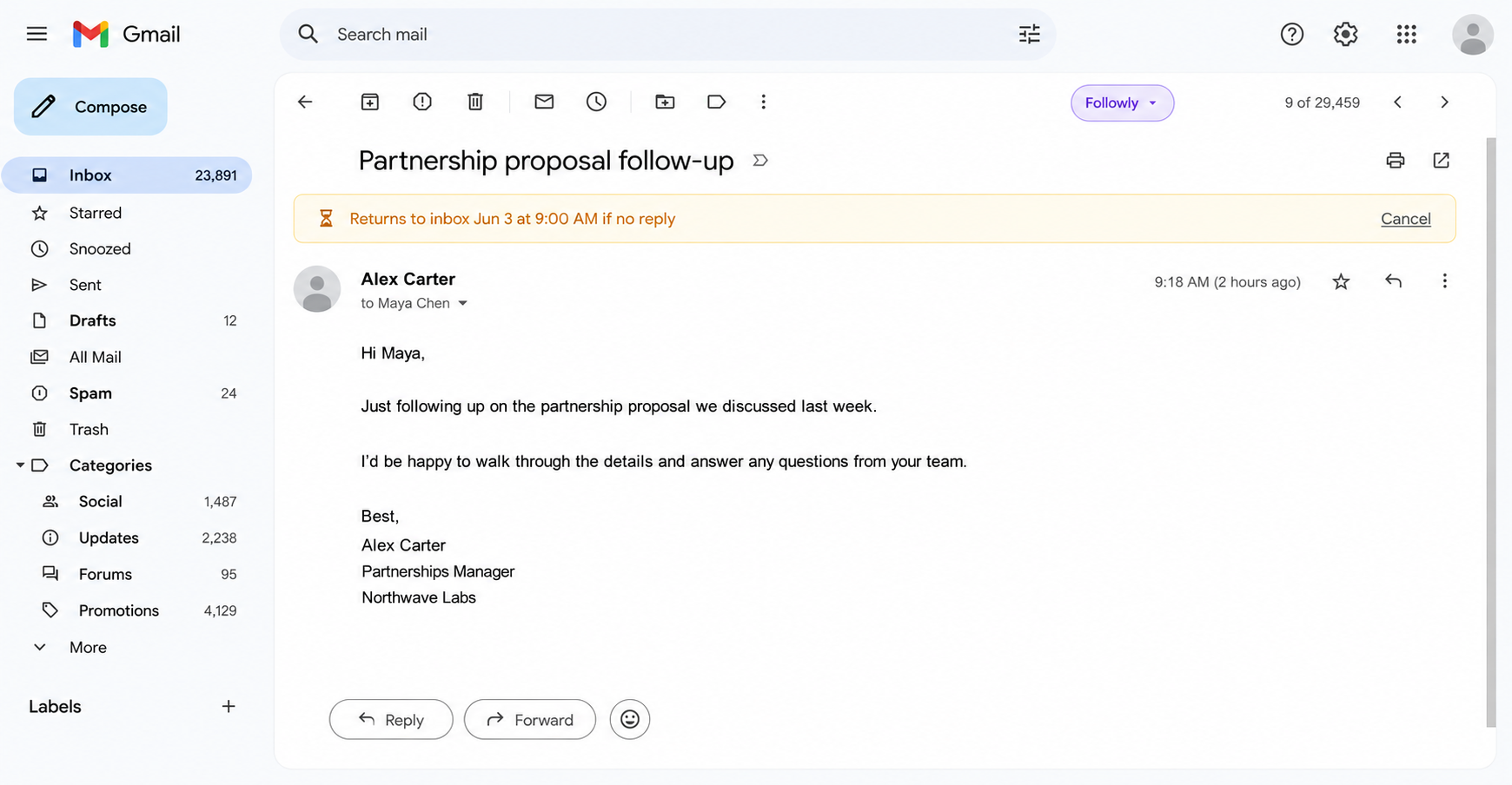 Gmail thread with Followly return-to-inbox banner